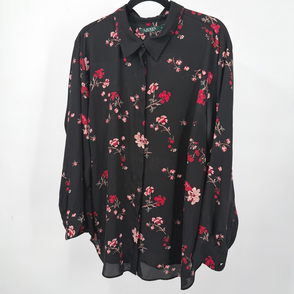 Lauren Ralph Lauren Womens 3X Blouse Black Red Floral Long Sleeve Button Down